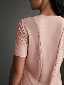 SHEIN Sports 女士纯色圆领短袖休闲健身户外T恤健身房衬衫 - 淺粉色 - 查看 15