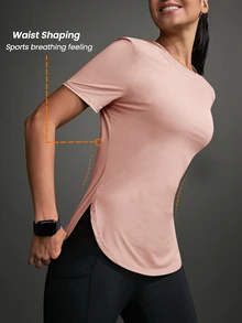 SHEIN Sports 女士纯色圆领短袖休闲健身户外T恤健身房衬衫 - 淺粉色 - 查看 4