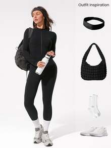 GLOWMODE 24" ButterFit Glow Giver Soft Breathable Sweat-Wicking Front Zipper Thumbholes Deep V-Back Seams Removable Cups Long-Sleeve Jumpsuit Spring - Black - View 8