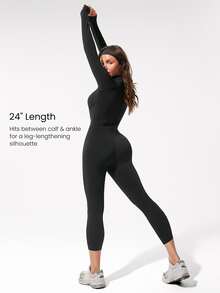 GLOWMODE 24" ButterFit Glow Giver Soft Breathable Sweat-Wicking Front Zipper Thumbholes Deep V-Back Seams Removable Cups Long-Sleeve Jumpsuit Spring - Black - View 3