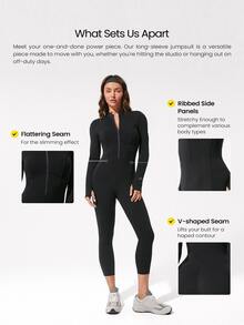 GLOWMODE 24" ButterFit Glow Giver Soft Breathable Sweat-Wicking Front Zipper Thumbholes Deep V-Back Seams Removable Cups Long-Sleeve Jumpsuit Spring - Black - View 2