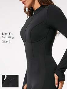 GLOWMODE 24" ButterFit Glow Giver Soft Breathable Sweat-Wicking Front Zipper Thumbholes Deep V-Back Seams Removable Cups Long-Sleeve Jumpsuit Spring - Black - View 1