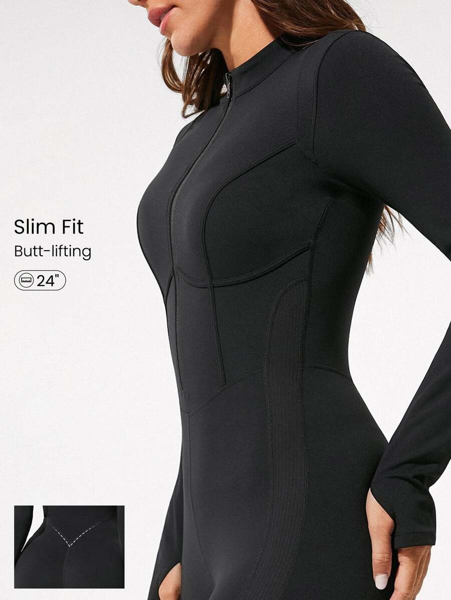 GLOWMODE 24" ButterFit Glow Giver Soft Breathable Sweat-Wicking Front Zipper Thumbholes Deep V-Back Seams Removable Cups Long-Sleeve Jumpsuit Spring - Black - View 1