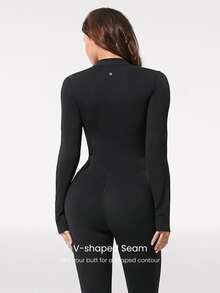 GLOWMODE 24" ButterFit Glow Giver Soft Breathable Sweat-Wicking Front Zipper Thumbholes Deep V-Back Seams Removable Cups Long-Sleeve Jumpsuit Spring - Black - View 4