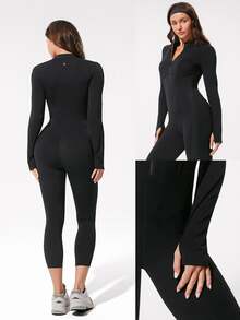 GLOWMODE 24" ButterFit Glow Giver Soft Breathable Sweat-Wicking Front Zipper Thumbholes Deep V-Back Seams Removable Cups Long-Sleeve Jumpsuit Spring - Black - View 9