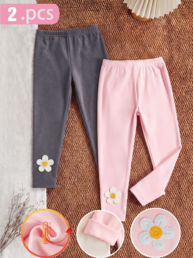 2pcs Girls Autumn/Winter Elegant Fashion Embroidered Floral Thick Fleece Warm Leggings - Dark Grey - View 4