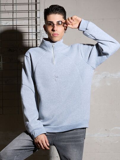 Salvatore Castaldo Salvatore Castaldo Men's Grey Spring Streetwear Graphic Sweatshirt,Half-Zip Pullover With Patchwork Design,Small Embroidered Logo,Back-To-School Birthday Gift For Him
