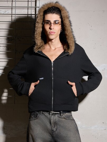 Salvatore Castaldo Salvatore Castaldo 美式黑色毛領連帽修身短版運動衫 男款 Y2K 風格 小眾設計 春季保暖內裡