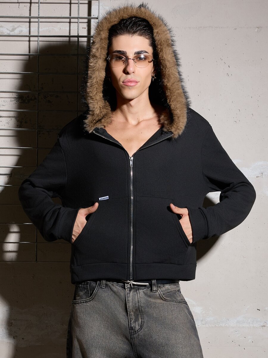 Salvatore Castaldo Salvatore Castaldo 美式黑色毛領連帽修身短版運動衫 男款 Y2K 風格 小眾設計 春季保暖內裡 - 黑色 - 查看 1