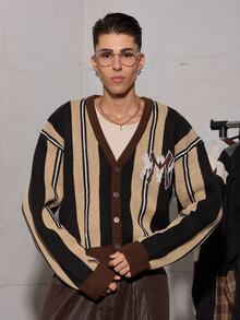 Salvatore Castaldo Salvatore Castaldo 男士休闲拼色条纹开衫，秋冬 - 卡其色 - 查看 1