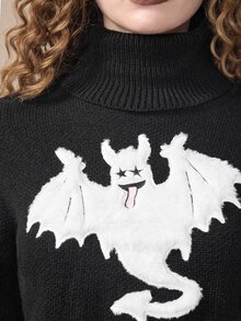 ROMWE Women's Cartoon Bat Pattern High Neck Drop Shoulder Long Sleeve Sweater - Black - View 4
