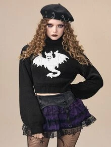 ROMWE Women's Cartoon Bat Pattern High Neck Drop Shoulder Long Sleeve Sweater - Black - View 7