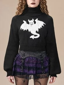 ROMWE Women's Cartoon Bat Pattern High Neck Drop Shoulder Long Sleeve Sweater - Black - View 2