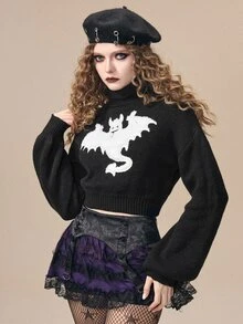 ROMWE Women's Cartoon Bat Pattern High Neck Drop Shoulder Long Sleeve Sweater - Black - View 8
