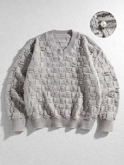 Pull ample pour homme à texture spéciale avec perles artistiques