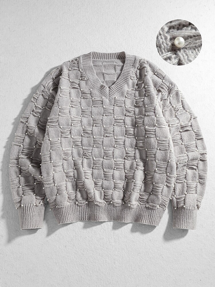 ROMWE MEN Men's Special Texture Artistic Beaded Loose Sweater - Light Grey - View 1