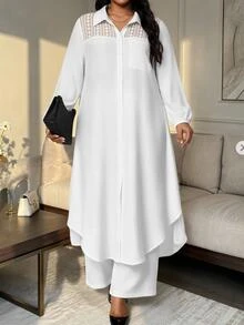 SHEIN Lady CURVE Plus Size Women Solid Color Contrast Lace Long Sleeve Long Blouse And Wide Leg Pants Casual 2 Pieces Set Fall - White - View 3