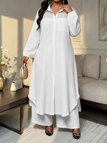 SHEIN Lady CURVE Plus Size Women Solid Color Contrast Lace Long Sleeve Long Blouse And Wide Leg Pants Casual 2 Pieces Set Fall - White - View 7