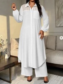 SHEIN Lady CURVE Plus Size Women Solid Color Contrast Lace Long Sleeve Long Blouse And Wide Leg Pants Casual 2 Pieces Set Fall - White - View 6