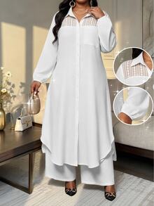 SHEIN Lady CURVE Plus Size Women Solid Color Contrast Lace Long Sleeve Long Blouse And Wide Leg Pants Casual 2 Pieces Set Fall - White - View 1
