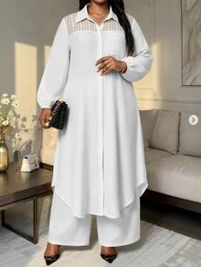 SHEIN Lady CURVE Plus Size Women Solid Color Contrast Lace Long Sleeve Long Blouse And Wide Leg Pants Casual 2 Pieces Set Fall - White - View 4