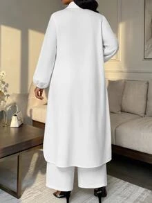 SHEIN Lady CURVE Plus Size Women Solid Color Contrast Lace Long Sleeve Long Blouse And Wide Leg Pants Casual 2 Pieces Set Fall - White - View 2