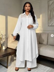 SHEIN Lady CURVE Plus Size Women Solid Color Contrast Lace Long Sleeve Long Blouse And Wide Leg Pants Casual 2 Pieces Set Fall - White - View 5