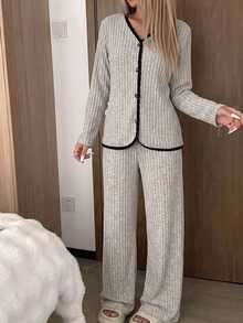Tween Girl Colorblock Long Sleeve Top And Pants Casual Daily Home Sleepwear Set - Grey - View 2