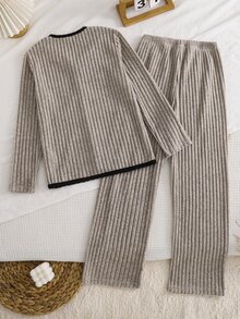Tween Girl Colorblock Long Sleeve Top And Pants Casual Daily Home Sleepwear Set - Grey - View 3