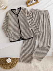 Tween Girl Colorblock Long Sleeve Top And Pants Casual Daily Home Sleepwear Set - Grey - View 4