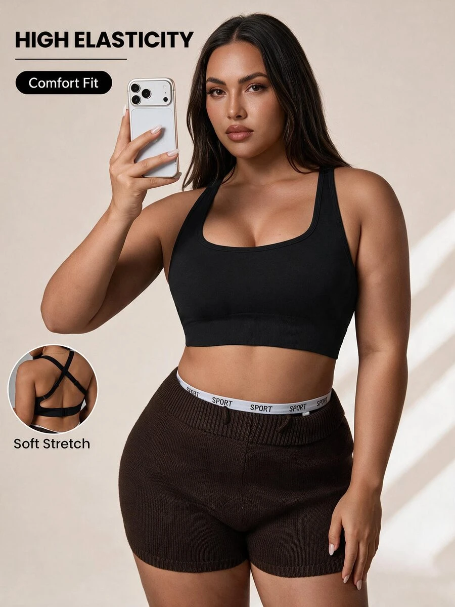 SHEIN Unity Plus Size Women's Minimalist Solid Color Criss-Cross Backless Sports Bra, Summer - Black - View 1