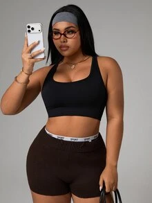 SHEIN Unity Plus Size Women's Minimalist Solid Color Criss-Cross Backless Sports Bra, Summer - Black - View 7