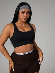 SHEIN Unity Plus Size Women's Minimalist Solid Color Criss-Cross Backless Sports Bra, Summer - Black - View 5