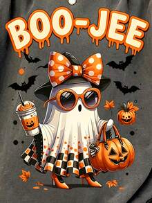 Lalippa Plus Size Summer Casual Daily Halloween Ghost Print Short Sleeve T-Shirt - Black - View 3