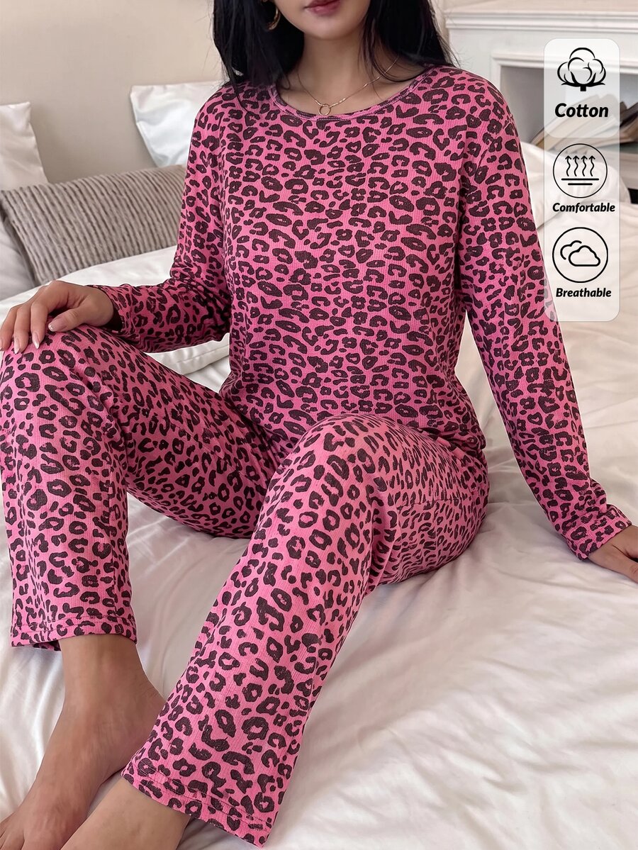 SHEIN Well Soft dampyjamasett i 2 delar med leopardmönster, rund hals, lång ärm, varm topp och högmidjade bekväma byxor - Multifärgad - Visa 1