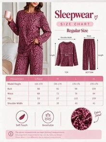 SHEIN Well Soft dampyjamasett i 2 delar med leopardmönster, rund hals, lång ärm, varm topp och högmidjade bekväma byxor - Multifärgad - Visa 4