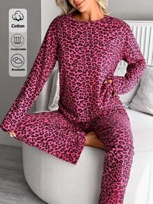 SHEIN Well Soft dampyjamasett i 2 delar med leopardmönster, rund hals, lång ärm, varm topp och högmidjade bekväma byxor - Multifärgad - Visa 7