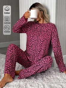 SHEIN Well Soft dampyjamasett i 2 delar med leopardmönster, rund hals, lång ärm, varm topp och högmidjade bekväma byxor - Multifärgad - Visa 3