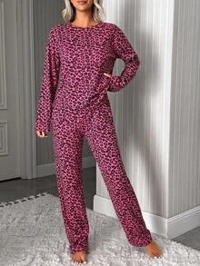 SHEIN Well Soft dampyjamasett i 2 delar med leopardmönster, rund hals, lång ärm, varm topp och högmidjade bekväma byxor - Multifärgad - Visa 5