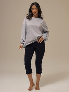 MUSERA ESSENTIALS Heather Grey Cotton Blend Drop Shoulder Ribbed Cuffed Long Sleeve T-Shirt Basics Loungewear Casual Everyday Essentials - Light Grey - View 2