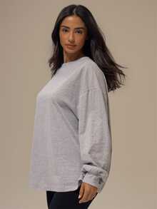 MUSERA ESSENTIALS Heather Grey Cotton Blend Drop Shoulder Ribbed Cuffed Long Sleeve T-Shirt Basics Loungewear Casual Everyday Essentials - Light Grey - View 3