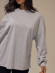 MUSERA ESSENTIALS Heather Grey Cotton Blend Drop Shoulder Ribbed Cuffed Long Sleeve T-Shirt Basics Loungewear Casual Everyday Essentials - Light Grey - View 5