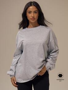 MUSERA ESSENTIALS Heather Grey Cotton Blend Drop Shoulder Ribbed Cuffed Long Sleeve T-Shirt Basics Loungewear Casual Everyday Essentials - Light Grey - View 1