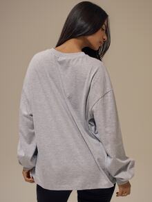 MUSERA ESSENTIALS Heather Grey Cotton Blend Drop Shoulder Ribbed Cuffed Long Sleeve T-Shirt Basics Loungewear Casual Everyday Essentials - Light Grey - View 4