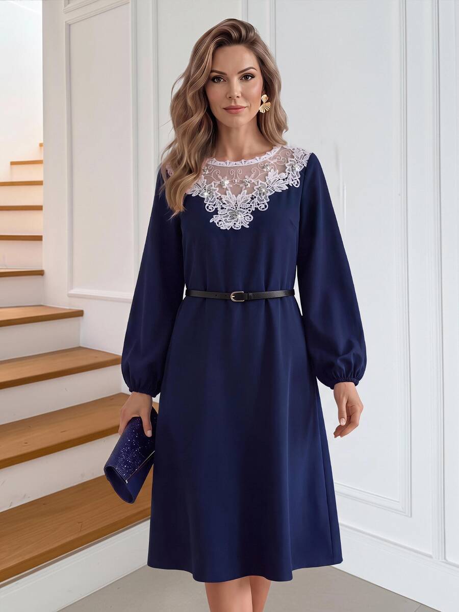 Medorina Elegant Luxury Vintage, Sparkly Sequin Lace, Evening Party Dress, Woven Mesh, Navy Blue White, Lantern Sleeve A-Line, Formal Date Night, Fall Winter - Navy Blue - View 1