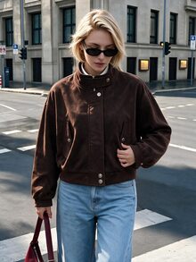 Struktiv Women's Autumn/Winter Fashion Minimalist Street Style Solid Color Versatile Premium Short Jacket For Shopping, Daily Wear, Walking And Outings - Brown - View 3