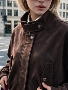 Struktiv Women's Autumn/Winter Fashion Minimalist Street Style Solid Color Versatile Premium Short Jacket For Shopping, Daily Wear, Walking And Outings - Brown - View 6