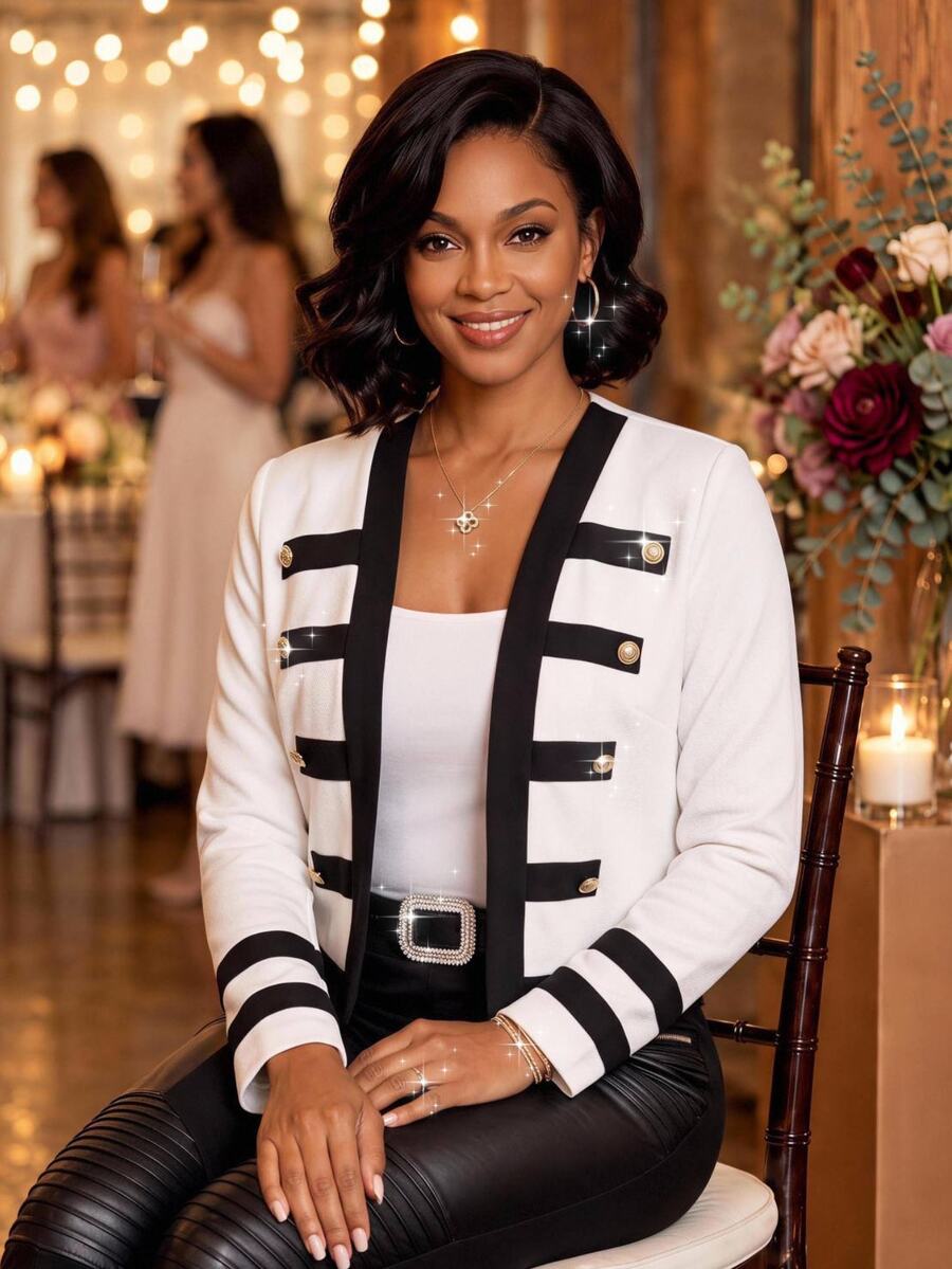 SHEIN Lady Plus Size Women's Button Design Long Sleeve Open Front Casual Elegant Jacket Autumn Formal Going Out Formal All All White - Black and White - View 1