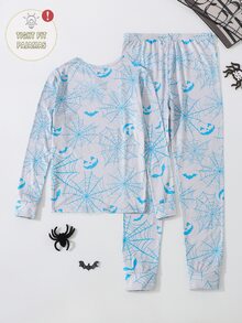 青少年男孩高彈性螢光睡衣兩件套，蜘蛛網南瓜蝙蝠印花圓領長袖上衣與長褲，春秋居家服，趣味卡通發光圖案休閒家居服套裝 - 灰色 - 查看 2