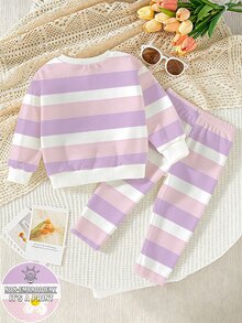 Young Girls 2pcs Fall Outfits Striped Floral Print Crew Neck Sweatshirt & Leggings Set, Sweet Autumn Casual Wear - Multicolor - View 2